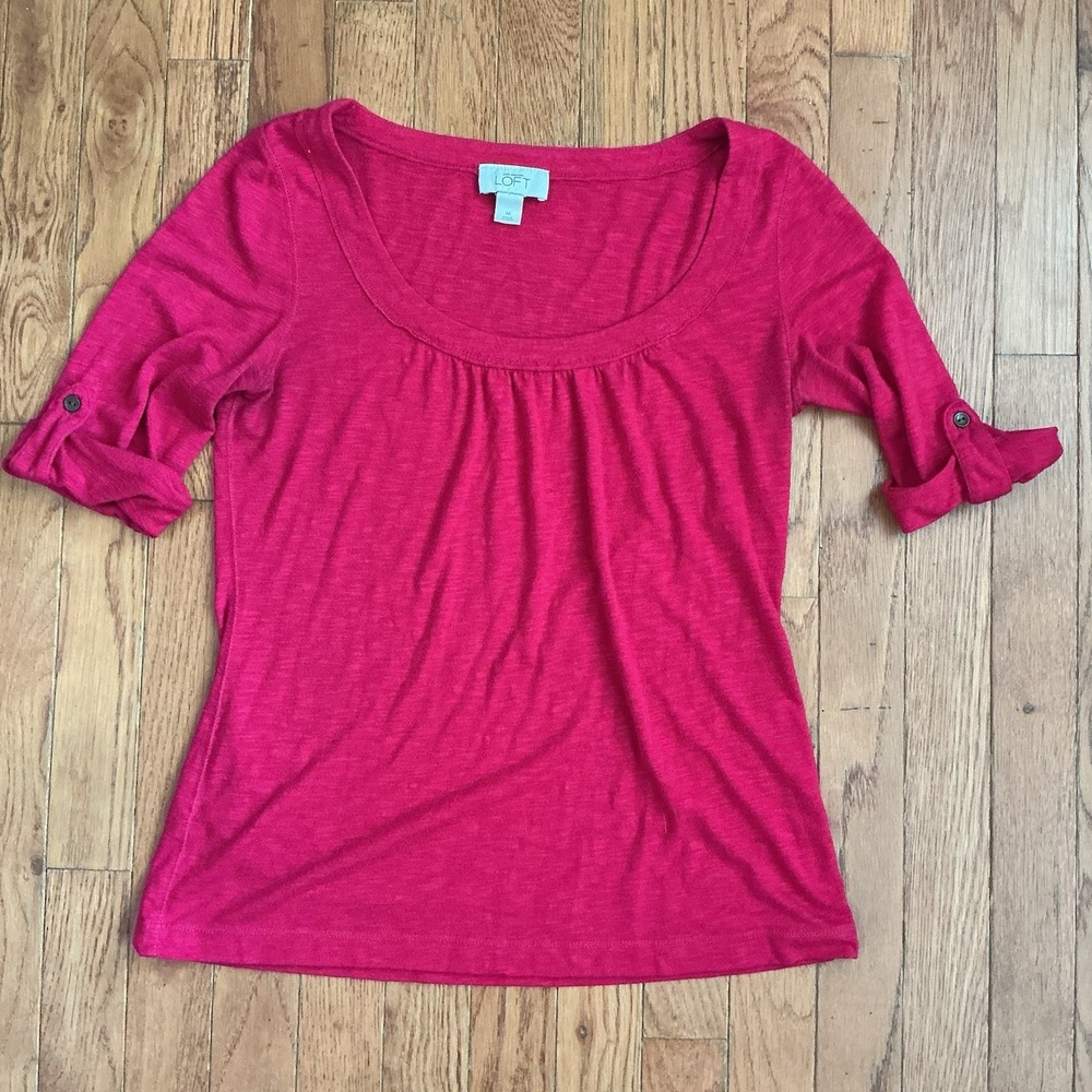 Ann Taylor Loft short Cuffed Sleeve Scoop Neck Blouse Pink Medium